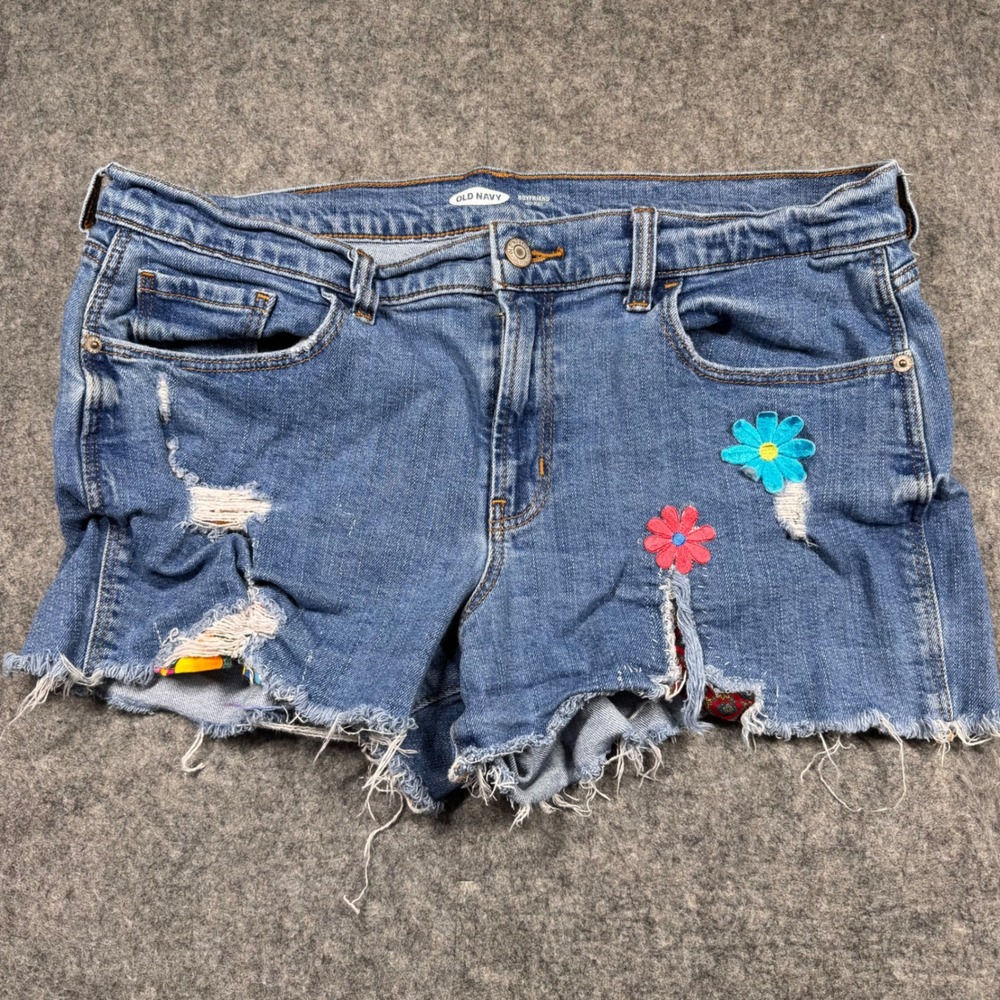 Old Navy Boyfriend Denim Shorts Women Blue Floral Embroidered Distressed Patched